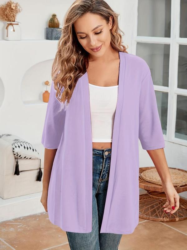 Plus Size Women's Solid Color Drop Shoulder Open Front Cardigan, Plus Casual Fashionable Half Sleeve Outerwear for Daily Outdoor Wear, Women Plus Clothing for All Seasons, Plus Size Women's Clothing