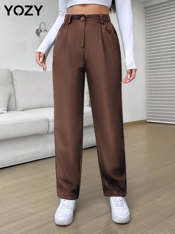 YOZY [Size 4-14] Solid Button Pleated Straight Leg Pants  Casual Elastic Waist Trousers, 2024 Women's All Seasons Outfits for Daily Outdoor Wear, [S-XXL]