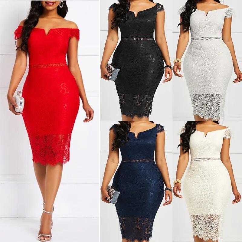 2024 European and American evening dress short-sleeved V-neck off-the-shoulder sexy mid-length bag hip lace dress Formal Womenswear Workwear Formal Wear Comfort Basic fall dresses Minimalist Shortsleeve