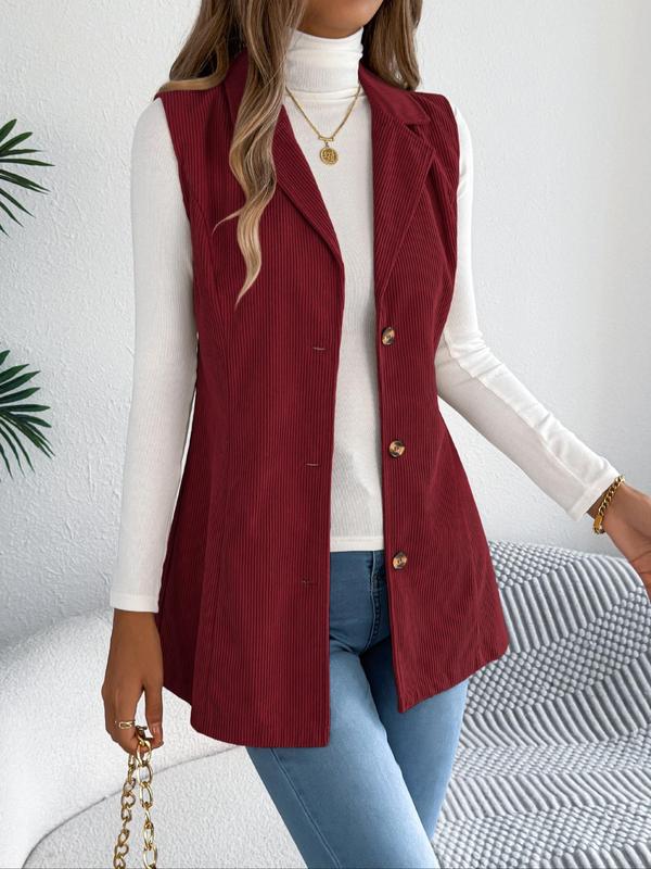 Women's Solid Button Front Corduroy Vest Coat, Casual Lapel Neckline Sleeveless Outerwear for Fall & Winter, Ladies Clothes for Daily Wear