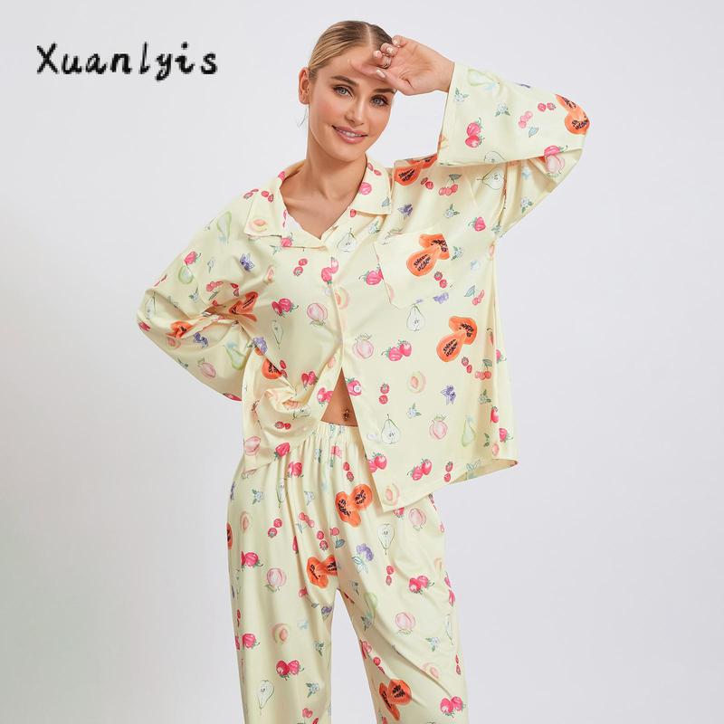 Women Pajamas Lounge Set Strawberry Print Turn-Down Collar Long Sleeve Shirts Tops and Pants 2 Piece Loungewear Outfits Nightwear Womenswear Check Light