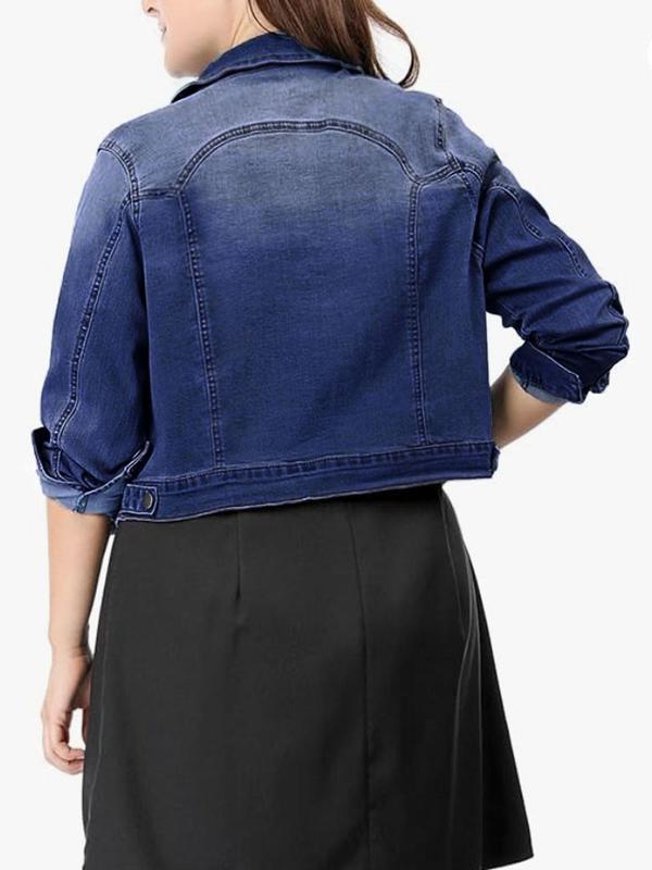 Plus Size Faded Button Front Pocket Denim Jacket, Casual Tops, Long Sleeve Collared Outerwear, Women's Plus Size Clothing for Daily Wear, Fall Outfits, Fallfreshness, Winter Clothes Women