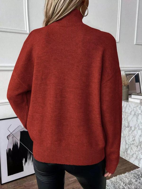 Women's Plain Cut Out High Neck Sweater, Casual Drop Shoulder Long Sleeve Jumper for Fall & Winter, Fashion Ladies' Knitwear for Daily Wear