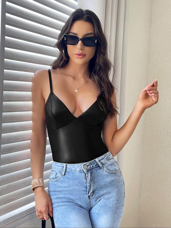 Women's V-neck Glossy Sleeveless Cami Bodysuit, Sexy Bodysuit Top for Summer