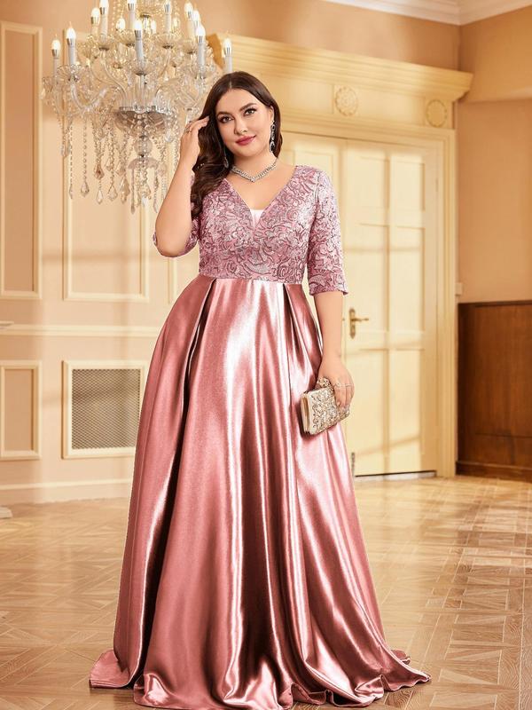  Contrast Sequin Deep V Neck Satin Party Dress, Elegant Half Sleeve A Line Dress for Wedding Guest, Elegant Formal Dresses, Women's Clothes for All Seasons