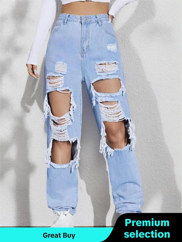 Women's High Waist Ripped Baggy Jeans, Fashion Casual Distressed Straight Leg Denim Pants, Destroyed Hole Jeans, Lady Summer Bottoms for Daily Wear Streetwear