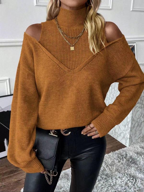 Women's Plain Cut Out High Neck Sweater, Casual Drop Shoulder Long Sleeve Jumper for Fall & Winter, Fashion Ladies' Knitwear for Daily Wear