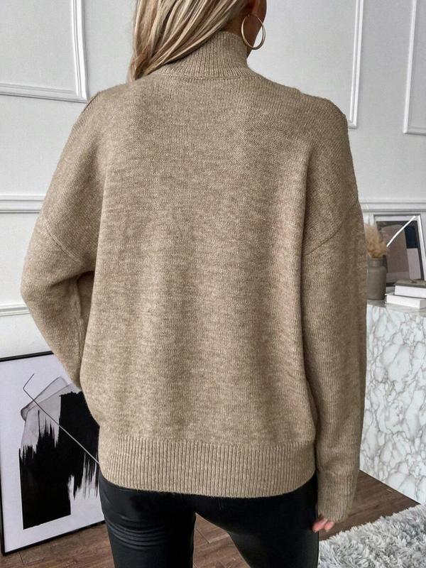 Women's Plain Cut Out High Neck Sweater, Casual Drop Shoulder Long Sleeve Jumper for Fall & Winter, Fashion Ladies' Knitwear for Daily Wear