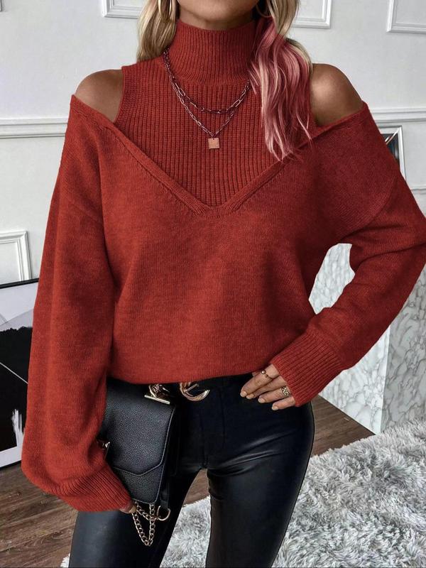 Women's Plain Cut Out High Neck Sweater, Casual Drop Shoulder Long Sleeve Jumper for Fall & Winter, Fashion Ladies' Knitwear for Daily Wear