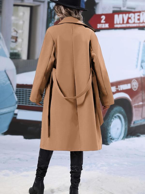 Women's Solid Double Button Belted Overcoat, Elegant Fashion Pocket Knot Front Long Coat for Daily Outdoor Wear, Women Clothing for Fall & Winter