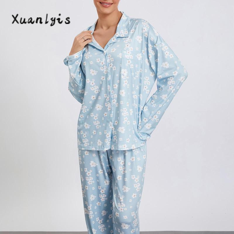 Women Pajamas Lounge Set Strawberry Print Turn-Down Collar Long Sleeve Shirts Tops and Pants 2 Piece Loungewear Outfits Nightwear Womenswear Check Light