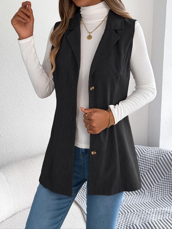 Women's Solid Button Front Corduroy Vest Coat, Casual Lapel Neckline Sleeveless Outerwear for Fall & Winter, Ladies Clothes for Daily Wear