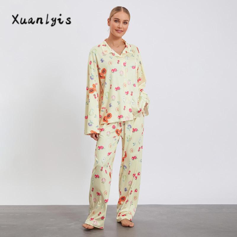 Women Pajamas Lounge Set Strawberry Print Turn-Down Collar Long Sleeve Shirts Tops and Pants 2 Piece Loungewear Outfits Nightwear Womenswear Check Light