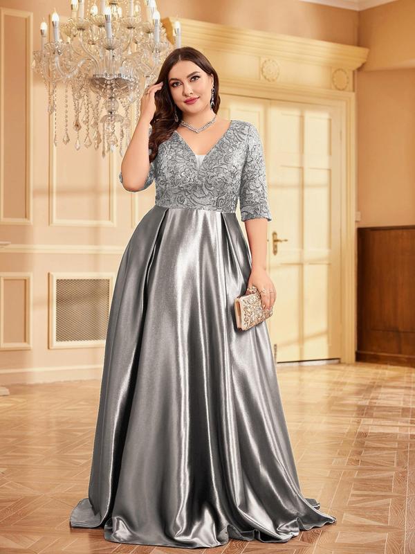  Contrast Sequin Deep V Neck Satin Party Dress, Elegant Half Sleeve A Line Dress for Wedding Guest, Elegant Formal Dresses, Women's Clothes for All Seasons