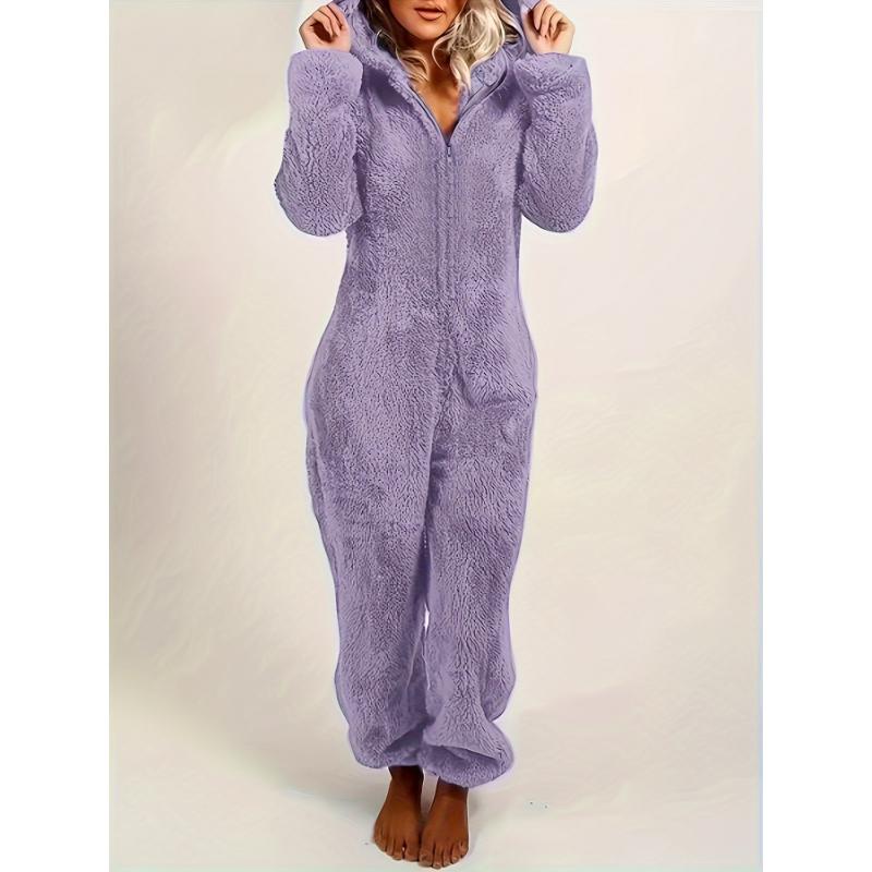 Women's Plush Fleece Pajama Jumpsuit - Hooded, Zip-Up, Easy-Care, Solid Color, Casual Lounge Onesie for Fall Winter