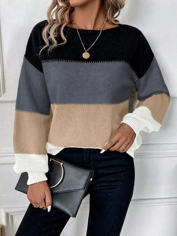 Women's Colorblock Striped Print Drop Shoulder Sweater, Casual Long Sleeve Round Neck Jumper for Daily Outdoor Wear, Ladies Knitwear for All Seasons