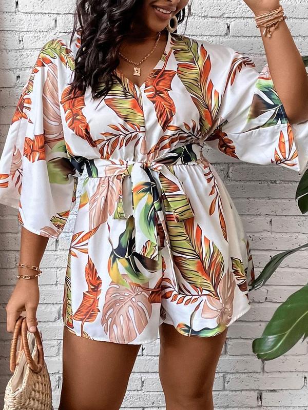 Plus Size All Over Leaf Print Belted Tie Front Romper, Vacation Clothes, Casual V Neck Batwing Sleeve Romper for Beach Vacation Holiday, Women's Clothes for Summer