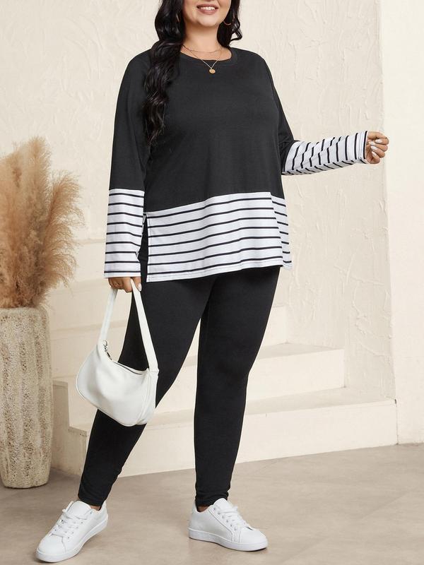 CURVZY Plus Size Two-Piece Set Striped Patchwork Print Split Hem Sweatshirt & Skinny Pants, Casual Round Neck Long Sleeve Pullover & Trousers for Daily Wear, Women's Two-piece Outfits for Spring & Fall