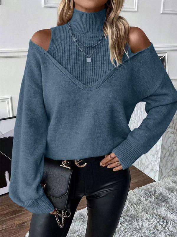 Women's Plain Cut Out High Neck Sweater, Casual Drop Shoulder Long Sleeve Jumper for Fall & Winter, Fashion Ladies' Knitwear for Daily Wear