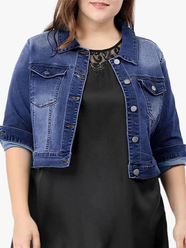 Plus Size Faded Button Front Pocket Denim Jacket, Casual Tops, Long Sleeve Collared Outerwear, Women's Plus Size Clothing for Daily Wear, Fall Outfits, Fallfreshness, Winter Clothes Women