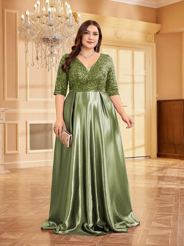  Contrast Sequin Deep V Neck Satin Party Dress, Elegant Half Sleeve A Line Dress for Wedding Guest, Elegant Formal Dresses, Women's Clothes for All Seasons