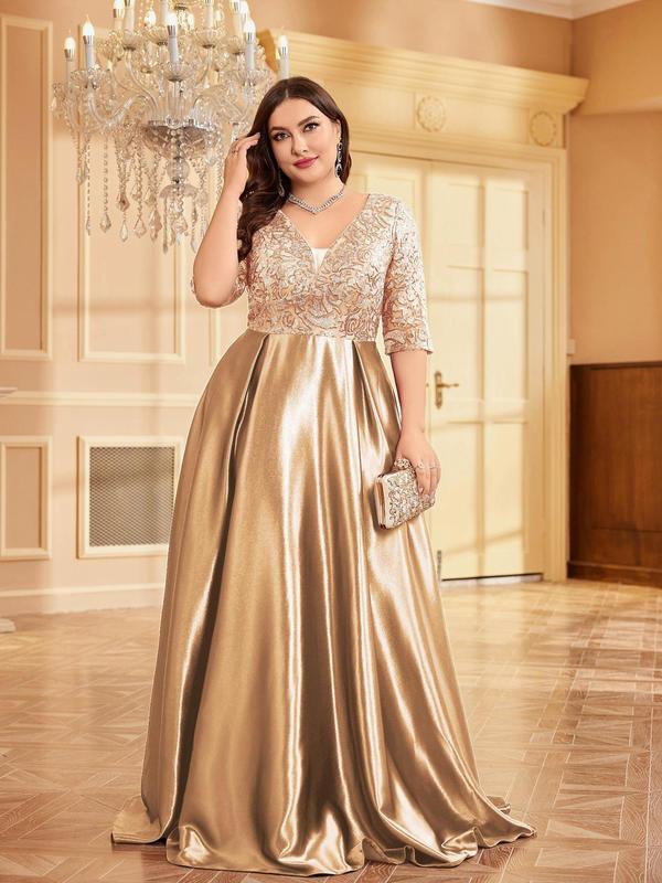  Contrast Sequin Deep V Neck Satin Party Dress, Elegant Half Sleeve A Line Dress for Wedding Guest, Elegant Formal Dresses, Women's Clothes for All Seasons