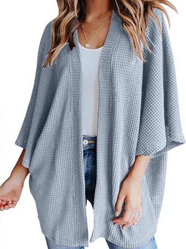  Solid Textured Batwing Sleeve Open Front Cardigan, Casual 3 4 Sleeve Outerwear for Daily Wear, Women's Clothing for All Seasons