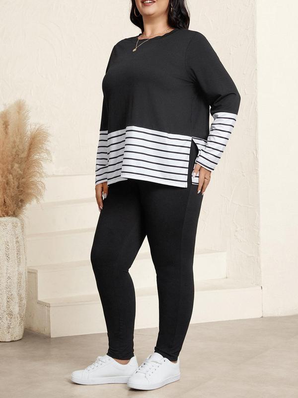 CURVZY Plus Size Two-Piece Set Striped Patchwork Print Split Hem Sweatshirt & Skinny Pants, Casual Round Neck Long Sleeve Pullover & Trousers for Daily Wear, Women's Two-piece Outfits for Spring & Fall