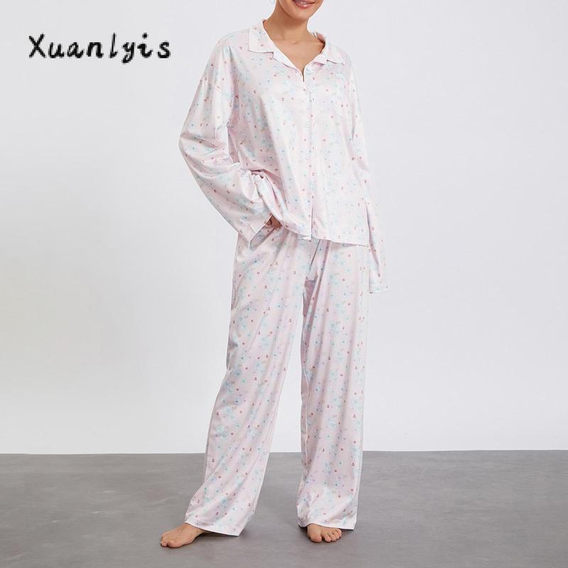 Women Pajamas Lounge Set Strawberry Print Turn-Down Collar Long Sleeve Shirts Tops and Pants 2 Piece Loungewear Outfits Nightwear Womenswear Check Light