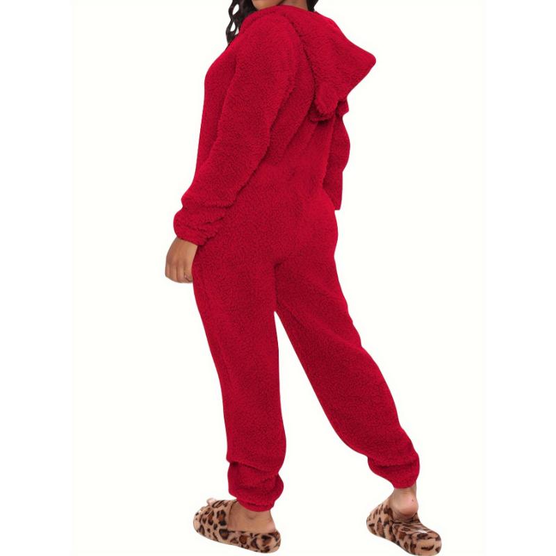 Women's Plush Fleece Pajama Jumpsuit - Hooded, Zip-Up, Easy-Care, Solid Color, Casual Lounge Onesie for Fall Winter