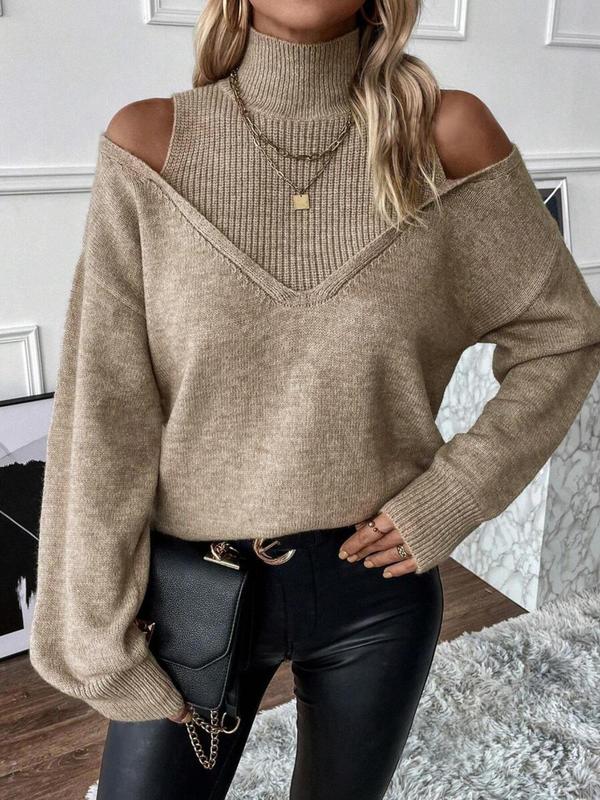 Women's Plain Cut Out High Neck Sweater, Casual Drop Shoulder Long Sleeve Jumper for Fall & Winter, Fashion Ladies' Knitwear for Daily Wear