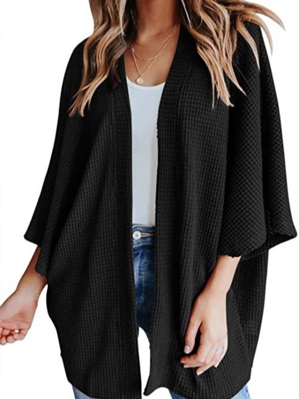  Solid Textured Batwing Sleeve Open Front Cardigan, Casual 3 4 Sleeve Outerwear for Daily Wear, Women's Clothing for All Seasons