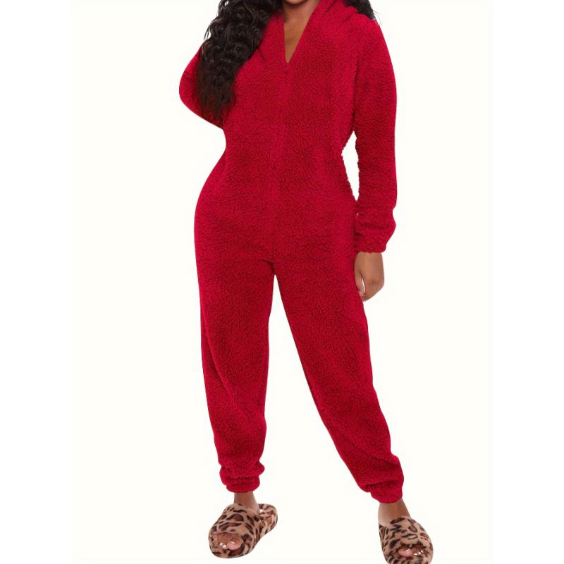 Women's Plush Fleece Pajama Jumpsuit - Hooded, Zip-Up, Easy-Care, Solid Color, Casual Lounge Onesie for Fall Winter