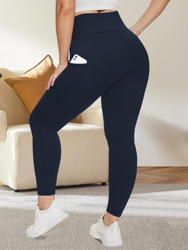  Women's Solid Pocket High Waist Leggings, Basic Minimalist Casual Stretchy Comfort Wide Waistband Skinny Leggings for Women, Summer Clothes for Women, Plus Size Leggings for Women