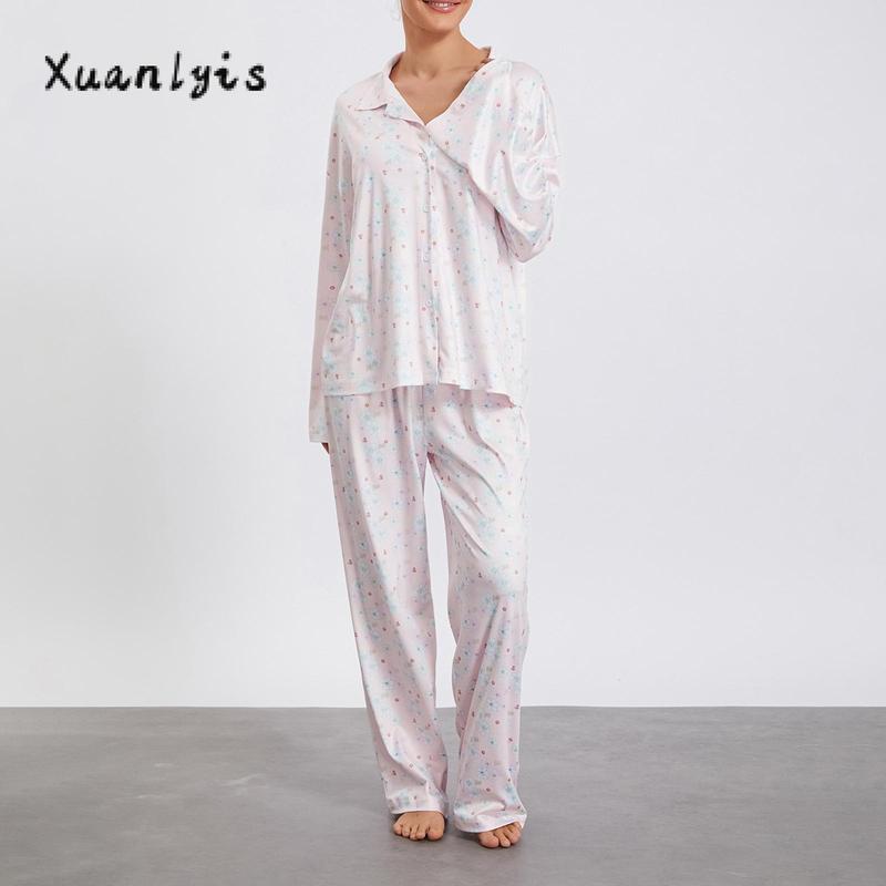 Women Pajamas Lounge Set Strawberry Print Turn-Down Collar Long Sleeve Shirts Tops and Pants 2 Piece Loungewear Outfits Nightwear Womenswear Check Light