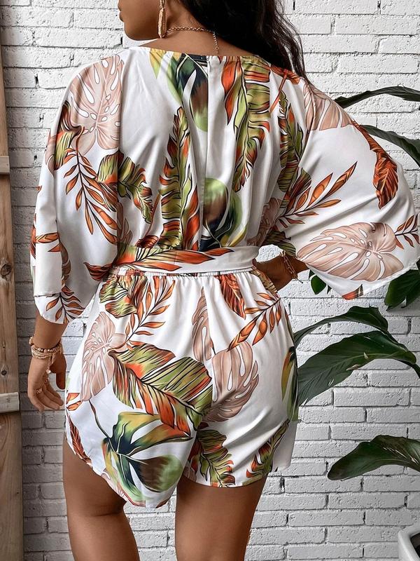 Plus Size All Over Leaf Print Belted Tie Front Romper, Vacation Clothes, Casual V Neck Batwing Sleeve Romper for Beach Vacation Holiday, Women's Clothes for Summer