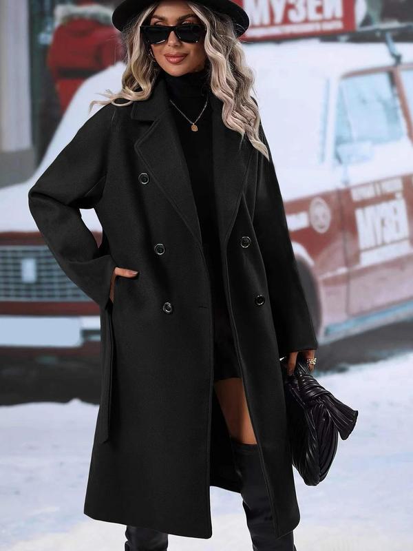 Women's Solid Double Button Belted Overcoat, Elegant Fashion Pocket Knot Front Long Coat for Daily Outdoor Wear, Women Clothing for Fall & Winter