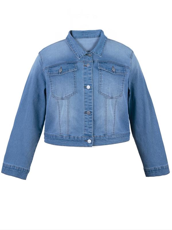 Plus Size Faded Button Front Pocket Denim Jacket, Casual Tops, Long Sleeve Collared Outerwear, Women's Plus Size Clothing for Daily Wear, Fall Outfits, Fallfreshness, Winter Clothes Women