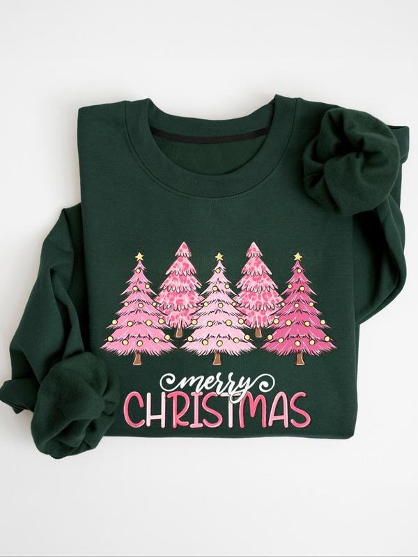 Women's Christmas Tree Print Crew Neck Thermal Lined Sweatshirt, Casual Drop Shoulder Long Sleeve Pullover, Women's Fall & Winter Clothes for Daily Wear