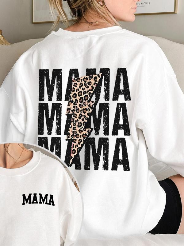 Women's Letter & Leopard Lightning Print Crew Neck Sweatshirt, Casual Drop Shoulder Long Sleeve Pullover, Women's Fall & Winter Clothes for Daily Wear