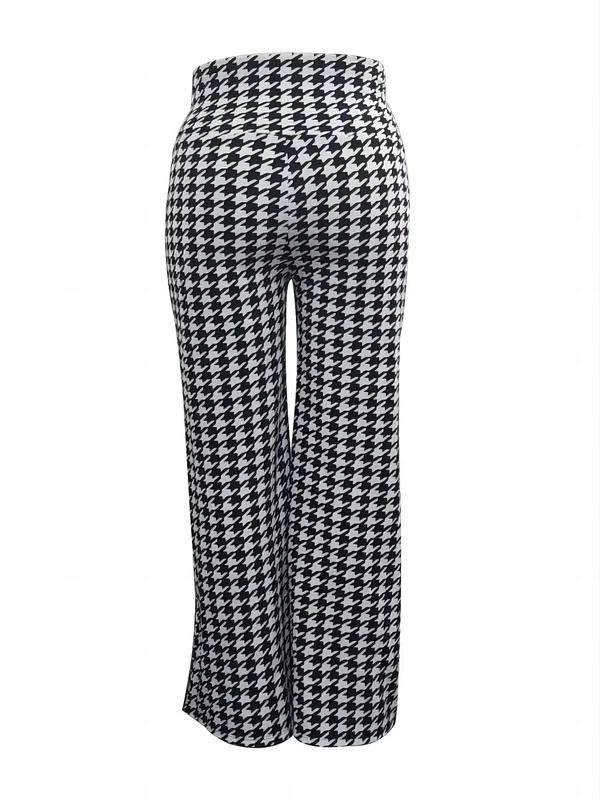 Plus Size Houndstooth Print High Waist Wide Leg Vintage Pants, Plus Casual Printed High Rise Trousers for Women, Women's Plus Bottoms for Spring & Fall