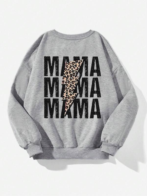 Women's Letter & Leopard Lightning Print Crew Neck Sweatshirt, Casual Drop Shoulder Long Sleeve Pullover, Women's Fall & Winter Clothes for Daily Wear