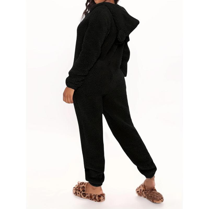 Women's Plush Fleece Pajama Jumpsuit - Hooded, Zip-Up, Easy-Care, Solid Color, Casual Lounge Onesie for Fall Winter