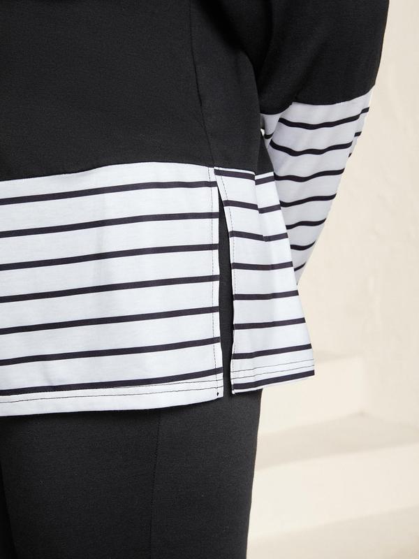 CURVZY Plus Size Two-Piece Set Striped Patchwork Print Split Hem Sweatshirt & Skinny Pants, Casual Round Neck Long Sleeve Pullover & Trousers for Daily Wear, Women's Two-piece Outfits for Spring & Fall