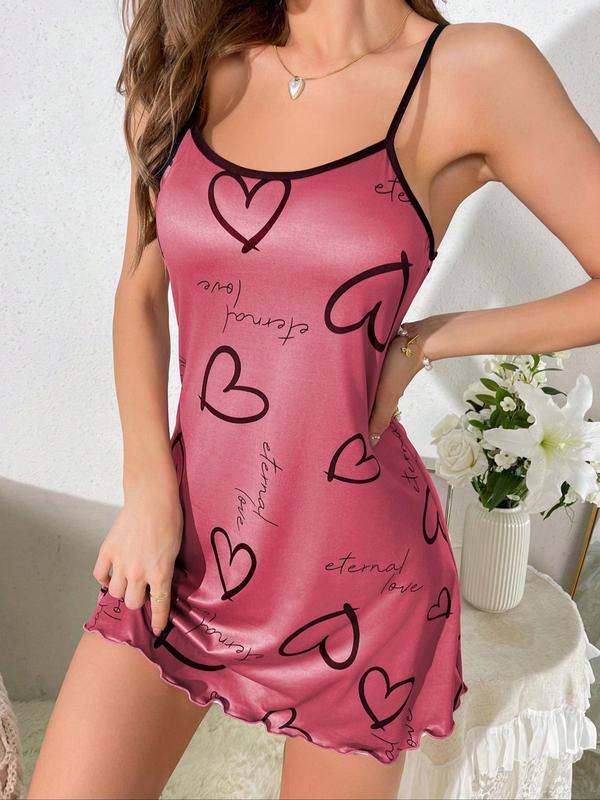 Women's Heart & Letter Print Lettuce Trim Cami Nightdress, Casual Soft Comfy Backless Slip Nightgown for All Seasons, Fashion Ladies' Sleepwear for Daily Wear