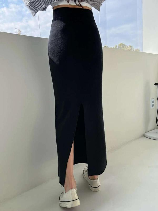 Women's Plain Back Split High Waist Skirt, Elegant Fashion Casual Knit Long Skirt for Daily Outdoor Wear, Chic Lady Bottom, Women Knitwear for Spring Fall, Basic Minimalist Comfort Womenswear