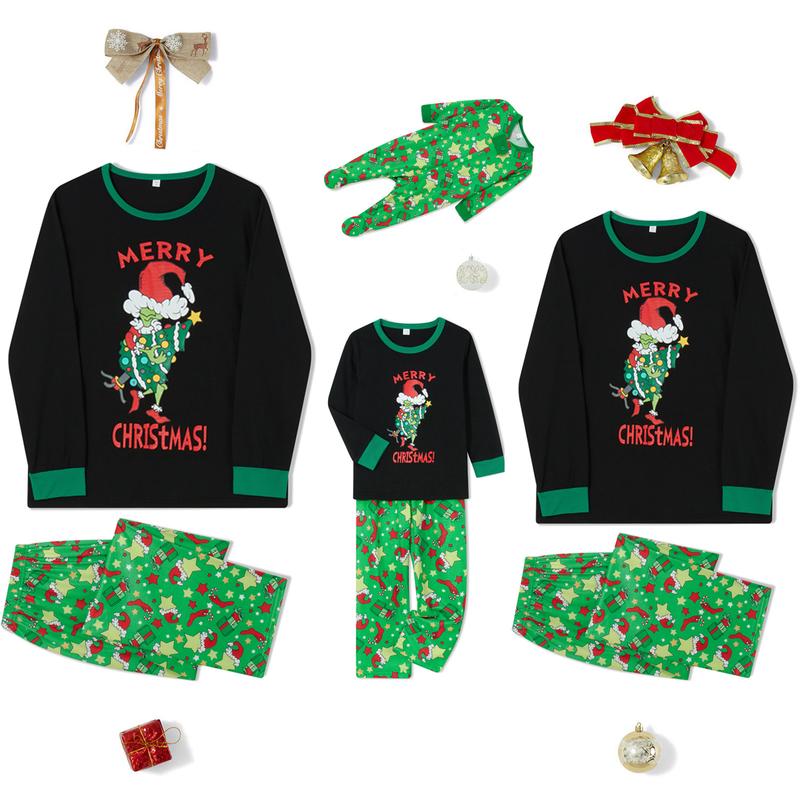 2024 New Christmas Pajamas for Family Long Sleeve Cartoon Print Tops + Trousers Set Winter Holiday Homewear Sleepwear Loungewear Nightwear Xmas Pj's Clothes Womenswear Baby