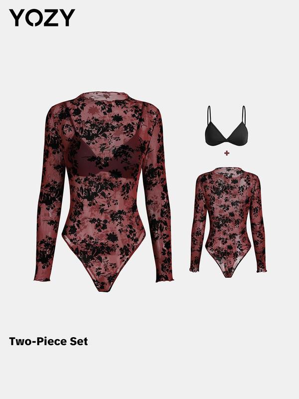 YOZY Christmas Deals, Women's Floral Print Lettuce Trim Mock Neck Sheer Longsleeves Bodysuit & Plain Crop Cami Top Two-piece Set, Chic Button Bodysuit & Ring Linked Sleeveless Top, Christmas 2024 Trend, Fall & Winter Outfits