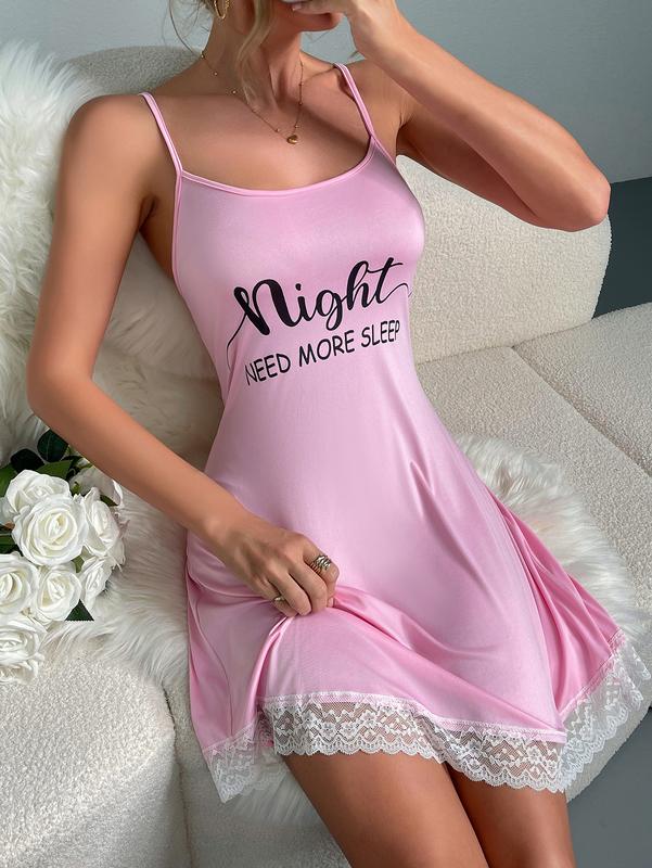 Women's letter print lace hem sleeveless pajamas