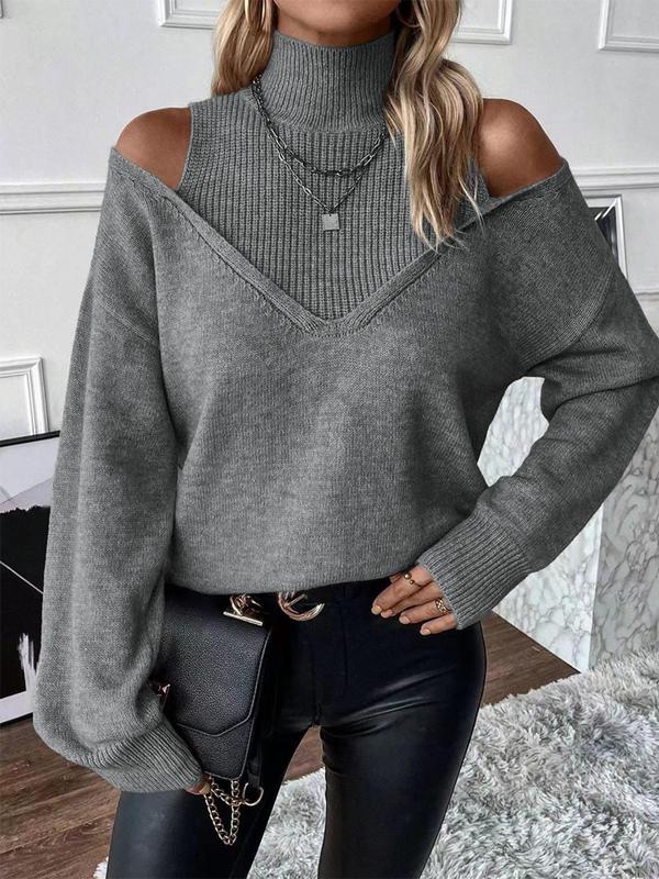 Women's Plain Cut Out High Neck Sweater, Casual Drop Shoulder Long Sleeve Jumper for Fall & Winter, Fashion Ladies' Knitwear for Daily Wear